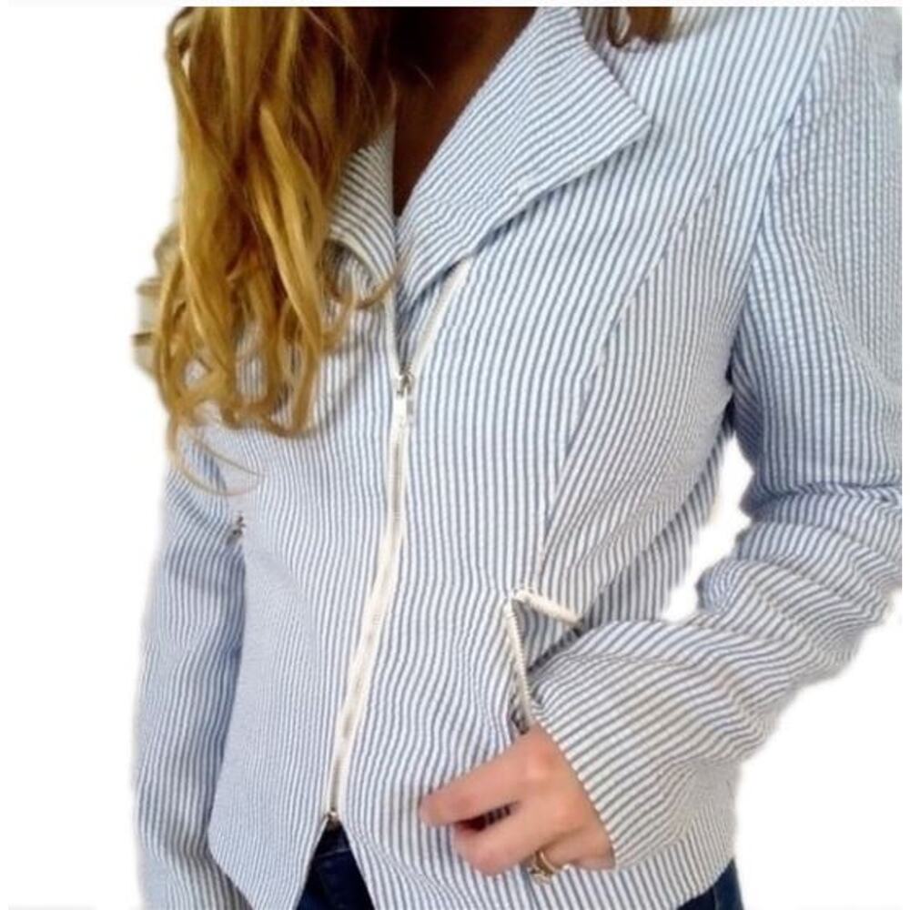 Kate & Rosy Blue White Candy Striped Long Sleeve Zipper Moto Jacket Blazer S